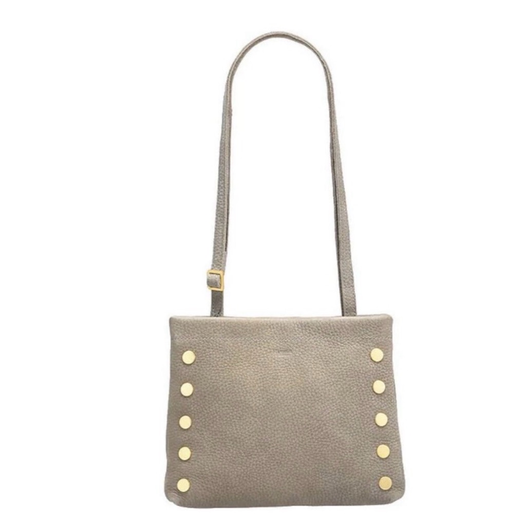 Hammitt Duke Natural Taupe Pebbled Leather Crossbody Bag Gold Studs
